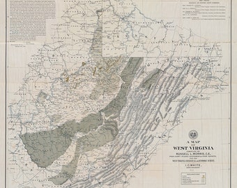 May include: A black and white map of West Virginia, showing the state's counties and geological formations. The map is titled "A Map of West Virginia" and was compiled by Russell L. Morris, C.E. from county atlases, government surveys, and the West Virginia Geological and Economic Survey. The map was drawn by L.C. White.