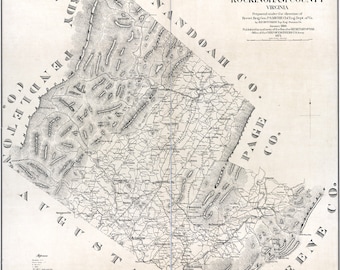 Pode incluir: Um mapa preto e branco do condado de Rockingham, Virgínia. O mapa mostra os limites do condado, as estradas, os rios e outras características. O mapa é intitulado "Mapa do condado de Rockingham, Virgínia." e inclui o texto "Preparado sob a direção de Brevet Brig. Gen. P.S. MICHE, Chief Eng. Dept. of Va. Janeiro de 1865." e "Publicado pela autoridade do SECRETÁRIO DE GUERRA, Escritório do CHEFE DE ENGENHEIROS, Exército dos EUA 1865."