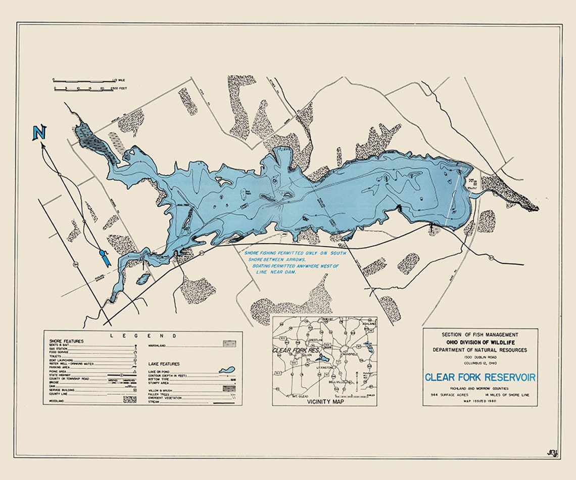 1960 Map of Clear Fork Reservoir Richland and Morrow County Etsy UK