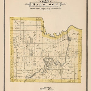 May include: An antique map of Harrison Township, 28 North, Range 11 East of the Principal Meridian. The map shows the location of roads, rivers, and other features. The map is printed in black and white on a cream-colored background.