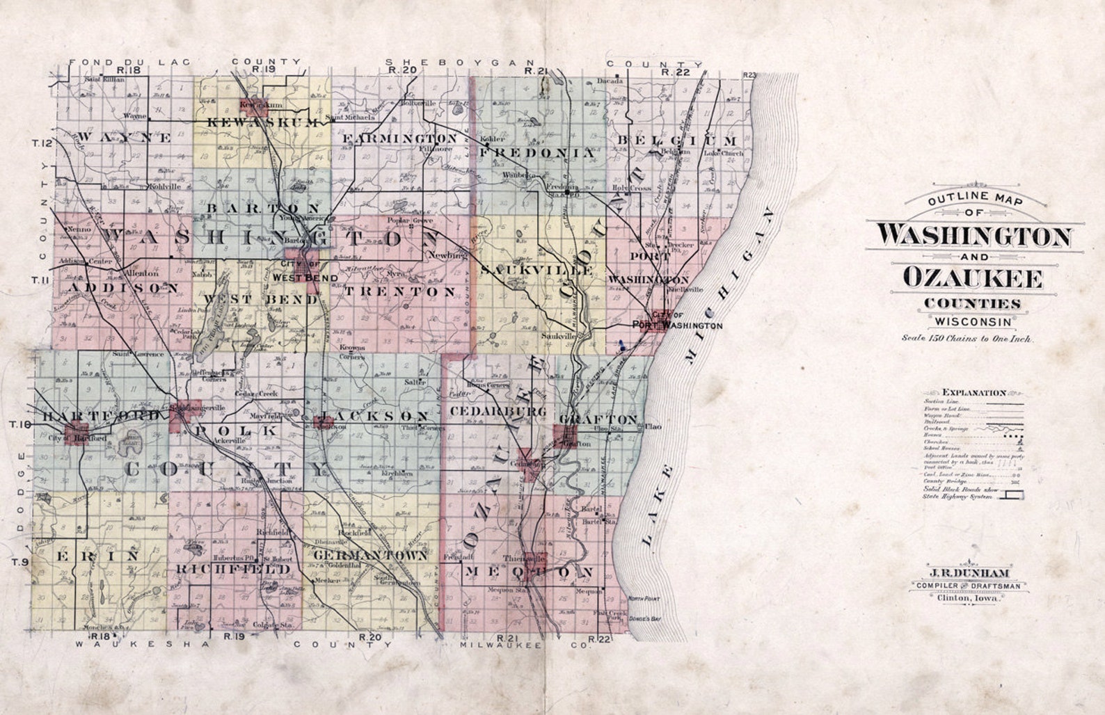 1915 Historic Map of Ozaukee County