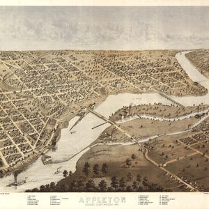 Puede incluir: Mapa antiguo de Appleton, Wisconsin, de 1867, en tonos sepia. La ilustración detallada muestra el diseño de la ciudad, el río Fox, puentes y edificios. Un barco de vapor es visible en el río. El mapa incluye una clave con ubicaciones numeradas.