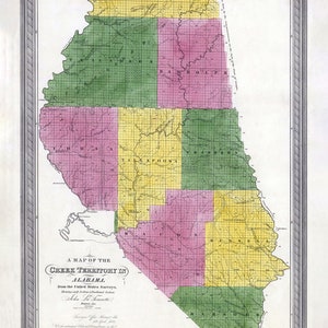Kaart uit 1833 van het Creek Territory Alabama