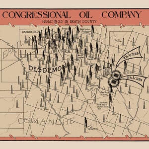 May include: A black and white map showing the holdings of the Congressional Oil Company in Erath County, Texas in 1920. The map shows the locations of oil wells in the Desdemona and the  '8' Field areas. The map also shows the acreage of the company's holdings in each area.