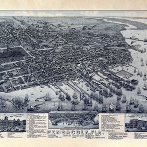1885 Panorama-Karte von Pensacola, Florida, Escambia County