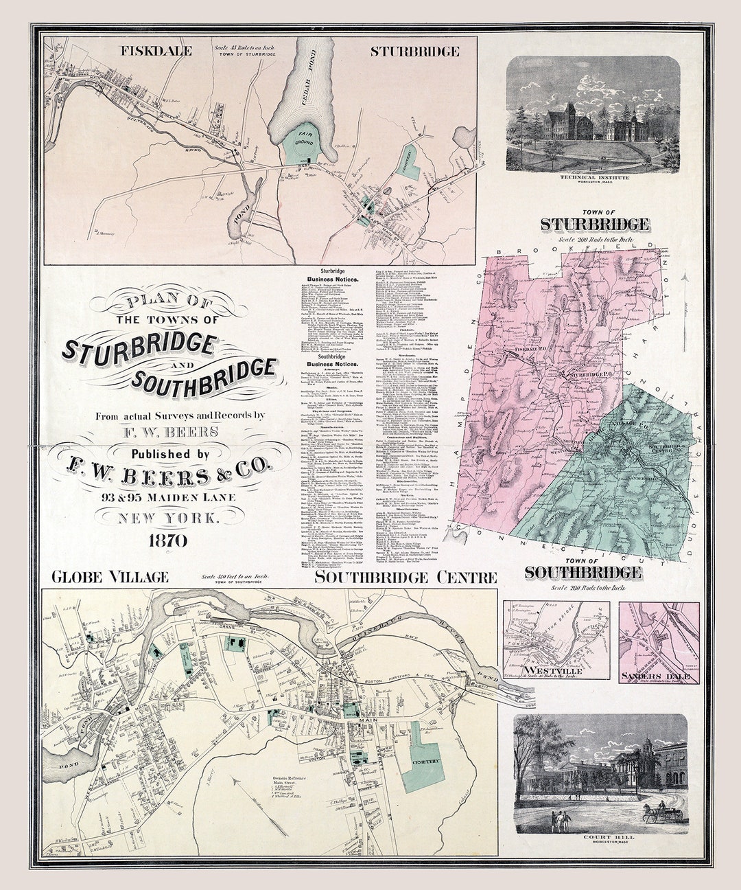 1870 Town Map of Sturbridge and Southbridge Massachusetts Etsy