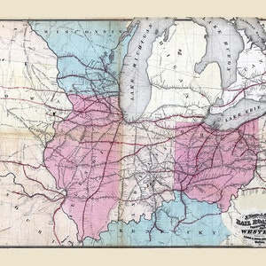 1859 Kaart van spoorwegreizigers in het westen van Indiana, Illinois, Wisconsin, Ohio