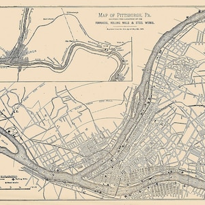 1879 Map of Pittsburgh Pennsylvania Furnaces Mills Steel Works