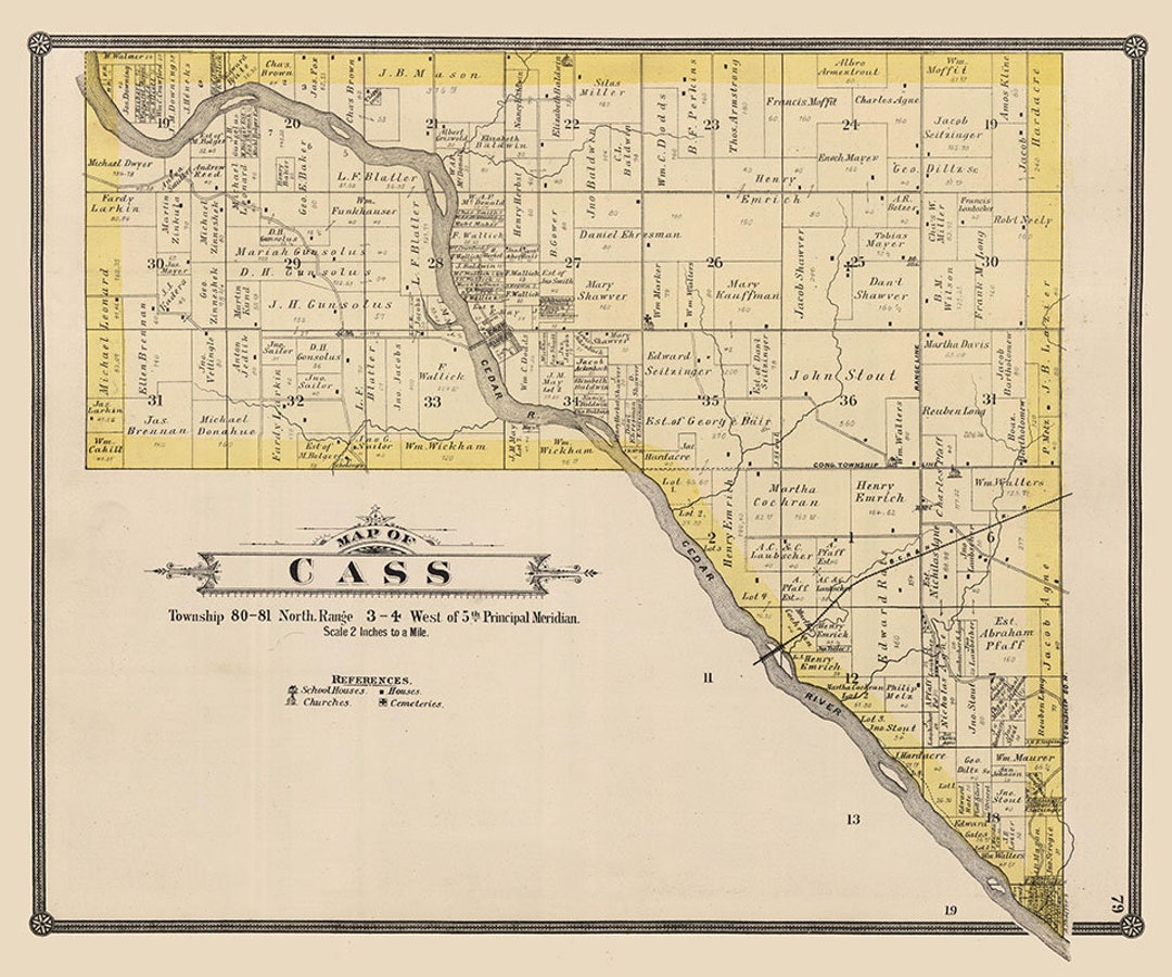 1885 Map of Cass Township Cedar County Iowa Etsy