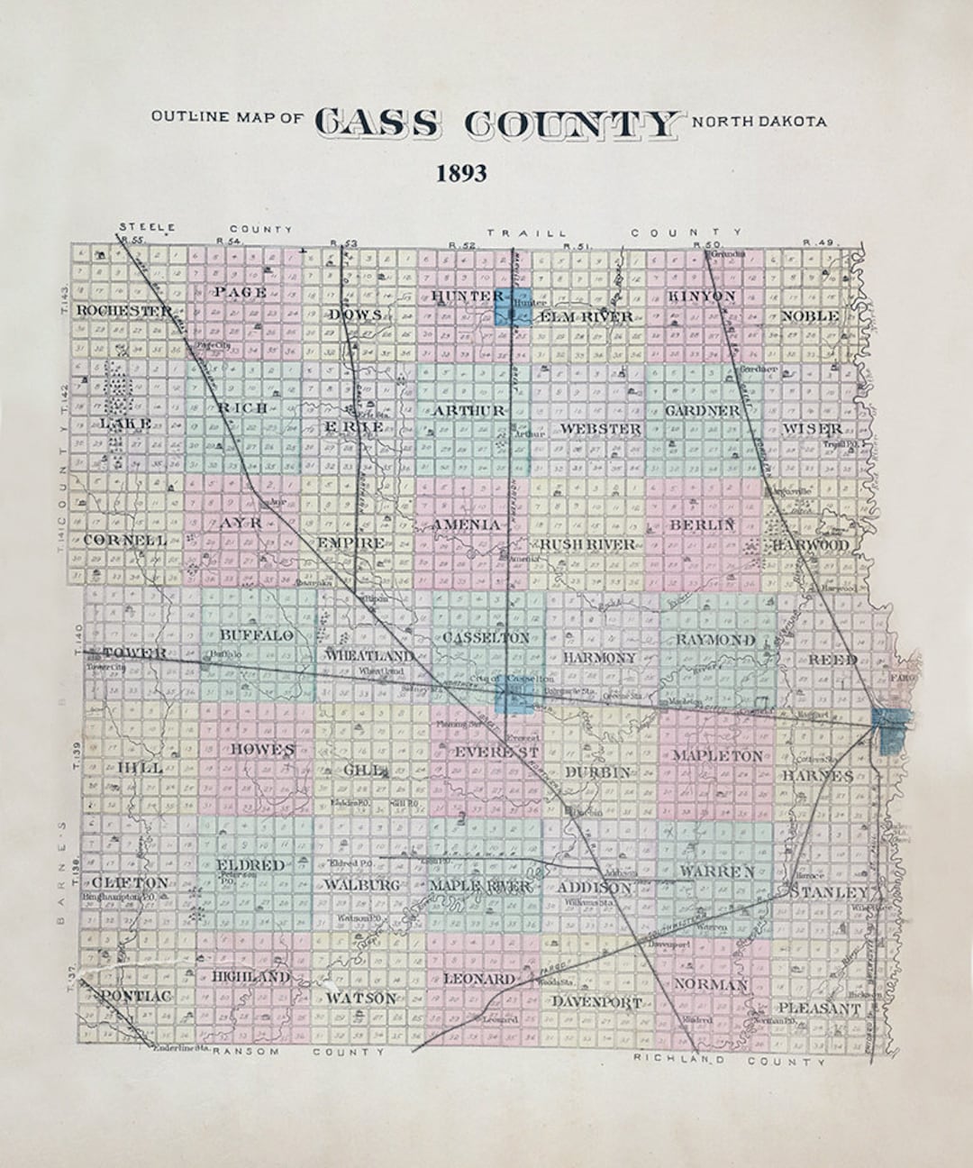 1893 Map of Cass County North Dakota Etsy
