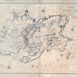 May include: A vintage map of Gloucester, Massachusetts, dated June 1, 1805. The map shows the surrounding area, including Ipswich Bay, and features detailed topographical information.
