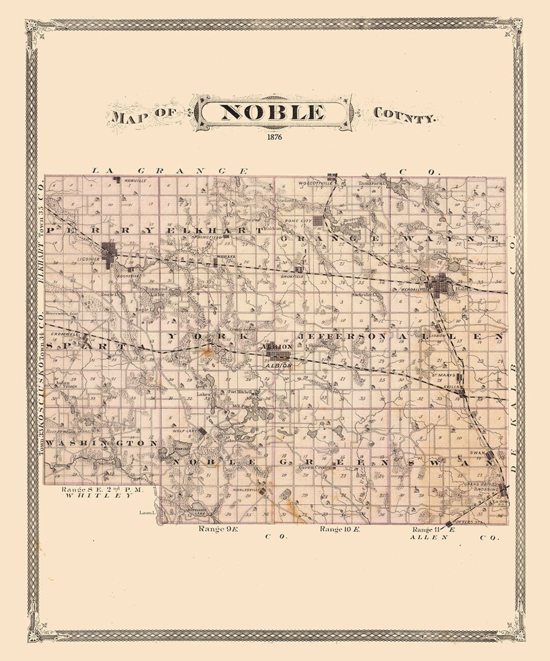 1876 Map of Noble County Indiana Etsy