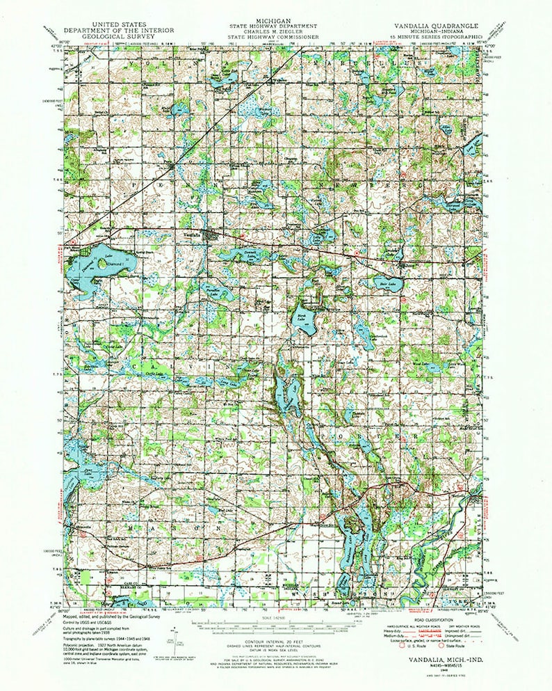 1948 Topo Map of Vandalia Michigan Quad Chain Lake Etsy