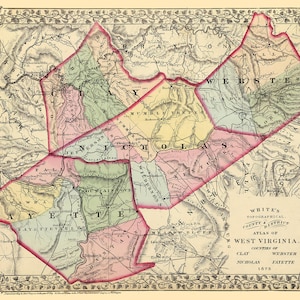 Pode incluir: Um mapa vintage da Virgínia Ocidental, mostrando os condados de Clay, Webster, Nicholas e Fayette. O mapa é impresso em tons de rosa, verde, azul e amarelo, com linhas vermelhas indicando os limites dos condados. O mapa é datado de 1873.