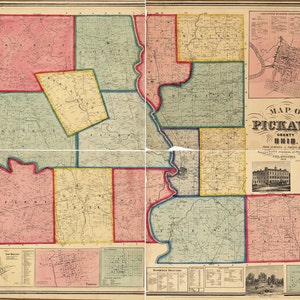 1858 Farm Line Map of Pickaway County Ohio Circleville