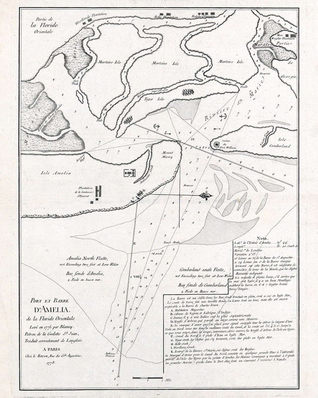 1778 Map of Amelia Island and Harbor Florida Fernandina Etsy