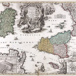 1600 Carte de la Sicile et de la Sardaigne Italie