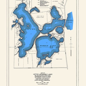 May include: A vintage map of Hottes and Marble Lakes in Dickinson County, Iowa. The map shows the depth of the lakes with blue lines and labels. The map is titled "Map of Hottes and Marble Lakes Sec. 28, 17, 18, 19 & 20, T10N, R.36W Dickinson County, Iowa To accompany the report on Iowa Lakes and Lake Beds State Highway Commission 1915."