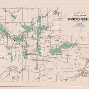 1888 Kaart van de meren van Oconomowoc en Waukesha County Wisconsin
