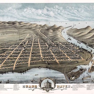 1874 Panorama-Karte von Grand Haven Ottawa County MI