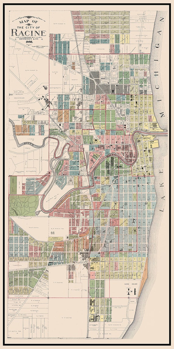 1908 Town Map of Racine Racine County Wisconsin Etsy