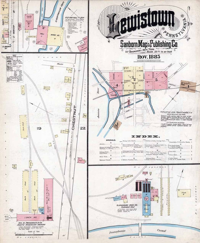 1885 Town Map of Lewistown Mifflin County Pennsylvania