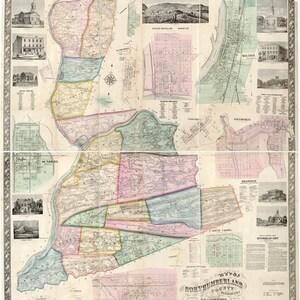 Puede incluir: Un mapa vintage del condado de Northumberland, Pensilvania, que muestra los municipios y los distritos. El mapa está dividido en secciones, cada sección muestra una parte diferente del condado. El mapa está impreso en blanco y negro, con algunas áreas resaltadas en color. El mapa está fechado en 1858.