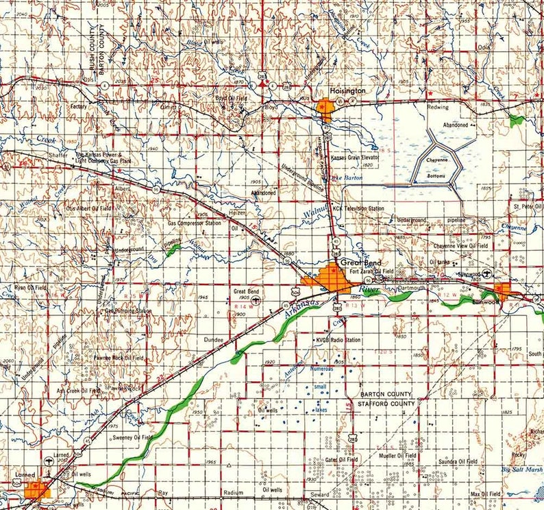 1958 Topo Map of Great Bend Kansas Hoisington Etsy