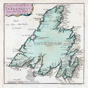 May include: An antique map of the island of Newfoundland, titled "Carte von der Insel Terre-Neuve" and "entworfen von Bellin." The map is in German and features a detailed outline of the island's coastline, with numerous bays, inlets, and capes labeled in German. The map also includes a scale bar and a compass rose.