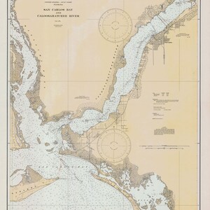 Mappa nautica del 1930 della baia di San Carlos e del fiume Caloosahatchee in Florida