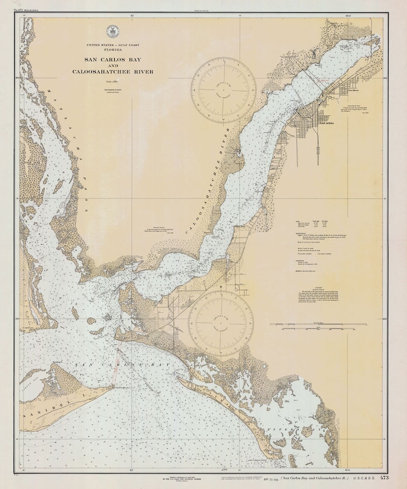 1930 Nautical Map of San Carlos Bay /& Caloosahatchee River Florida