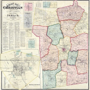 1878, carte du comté de Christian, Kentucky Hopkinsville