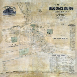 Mapa de 1870 de Bloomsburg Columbia County Pensilvânia