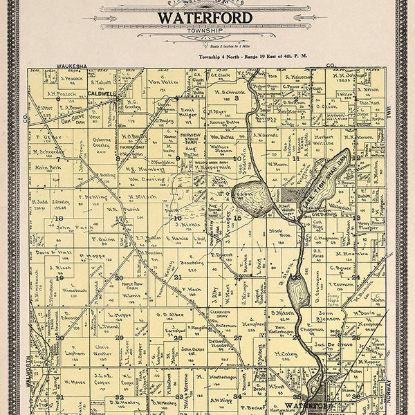 1908 Map of Waterford Township Racine County Wisconsin