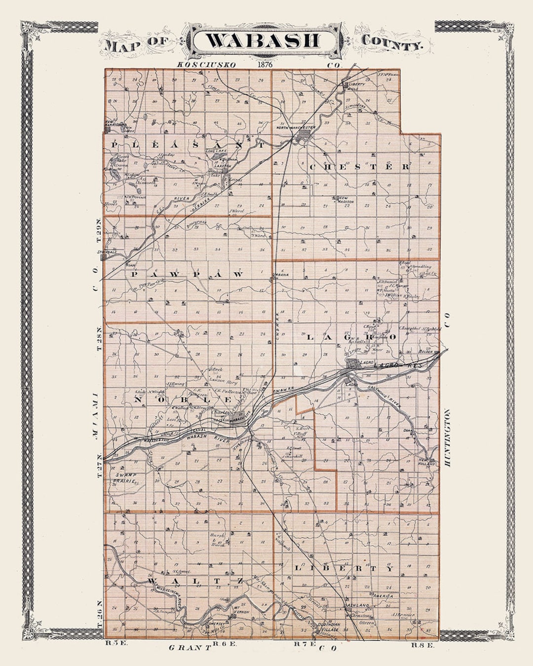 1876 Map of Wabash County Indiana Etsy