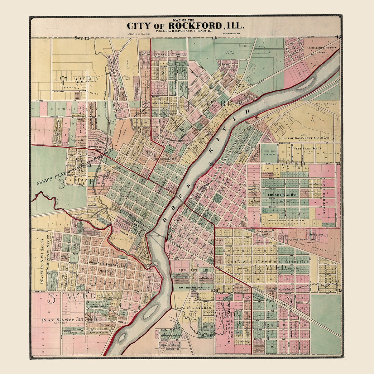 1886 Map of Rockford Boone County Illinois