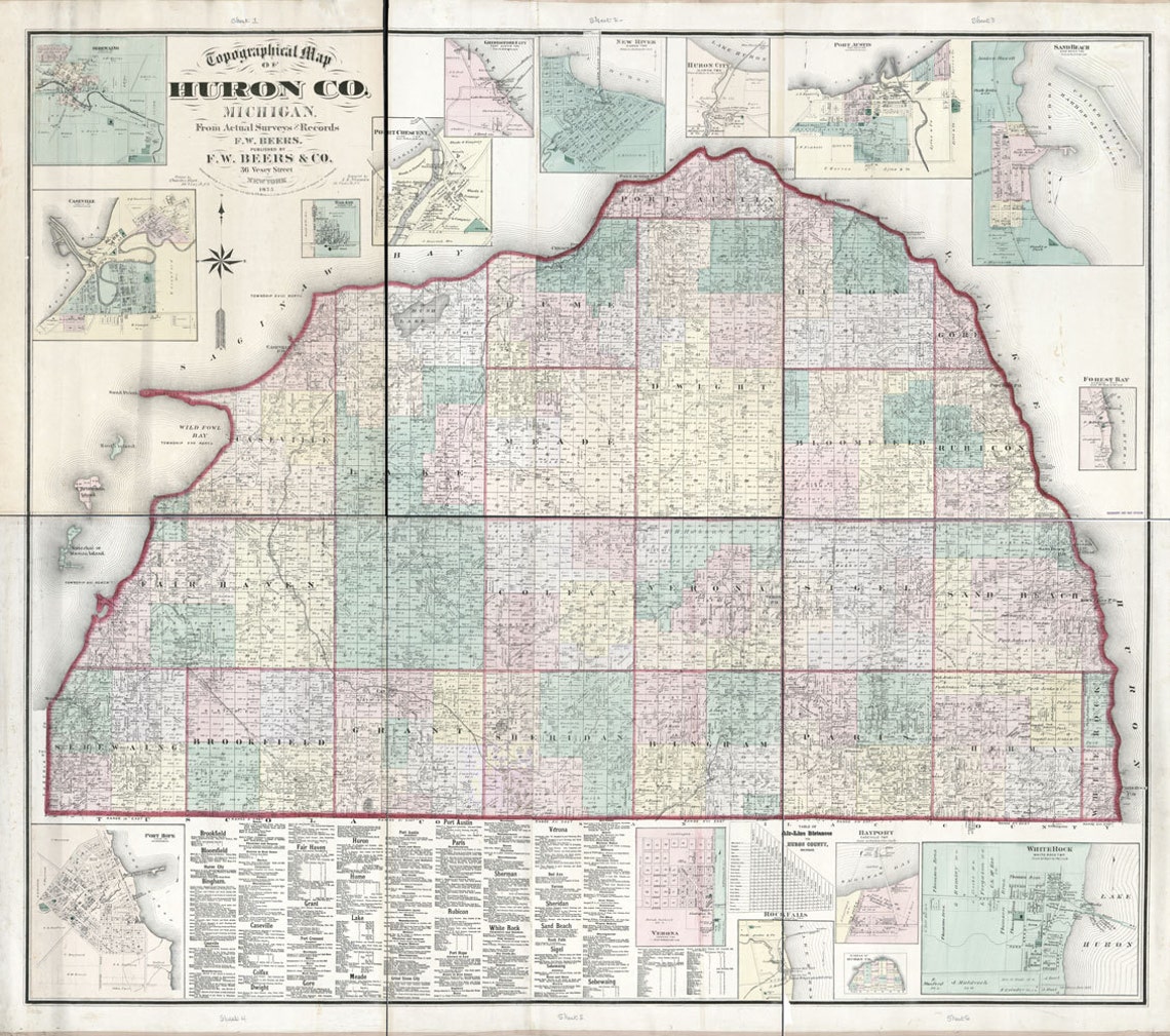 1875 Farm Line Map of Huron County Michigan Caseville White Etsy UK