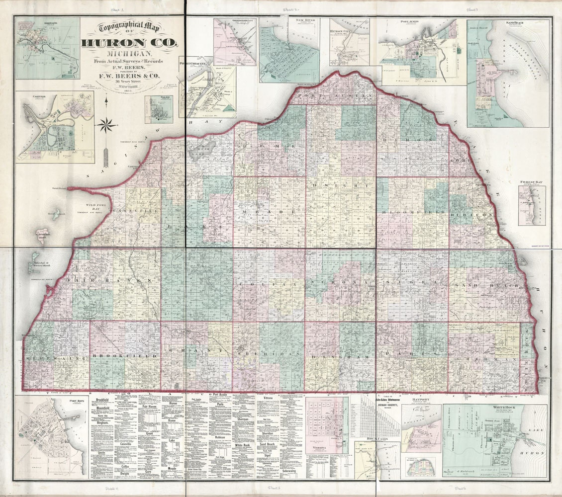 1875 Farm Line Map of Huron County Michigan Caseville White Rock