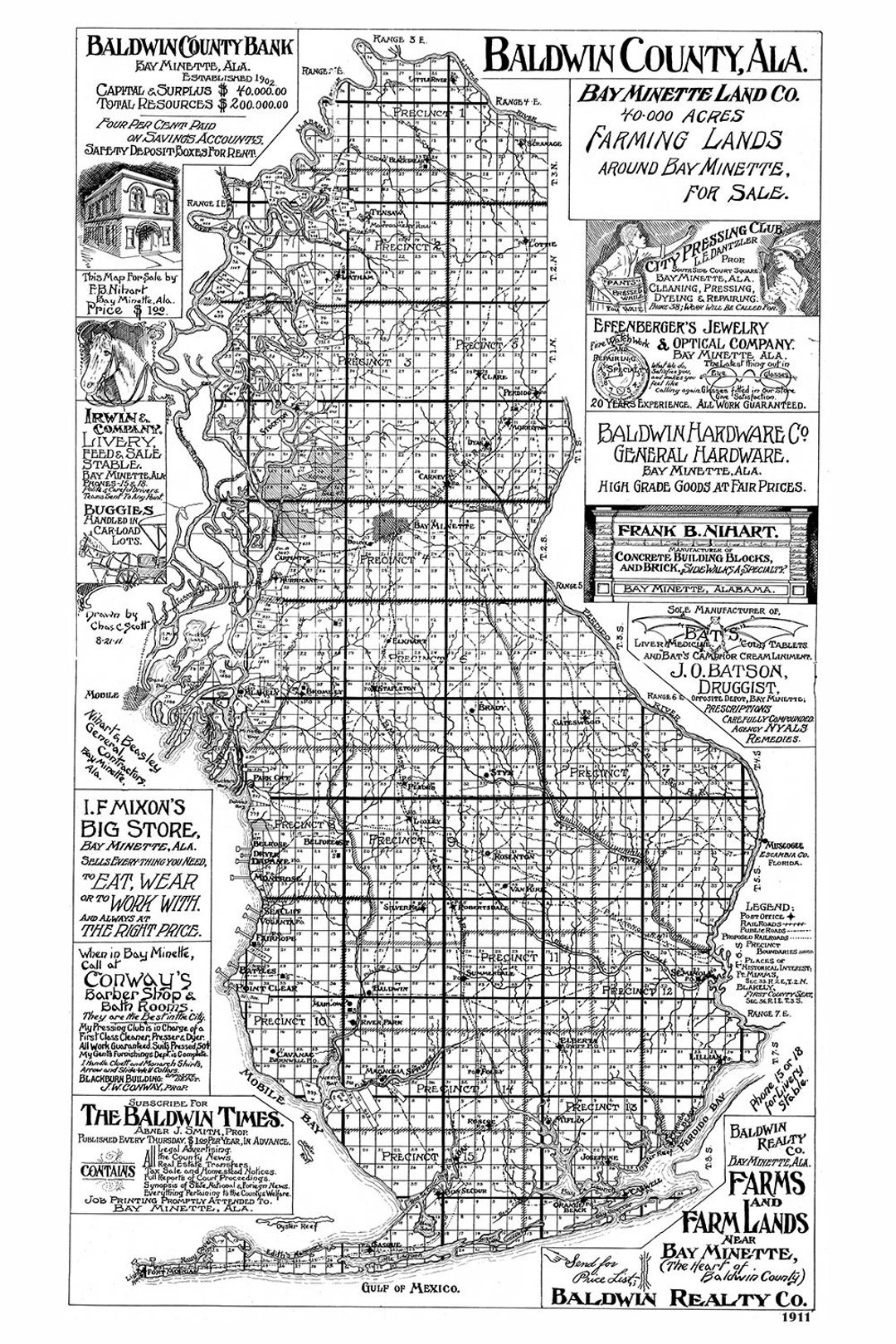 1911 Map of Baldwin County Alabama Etsy