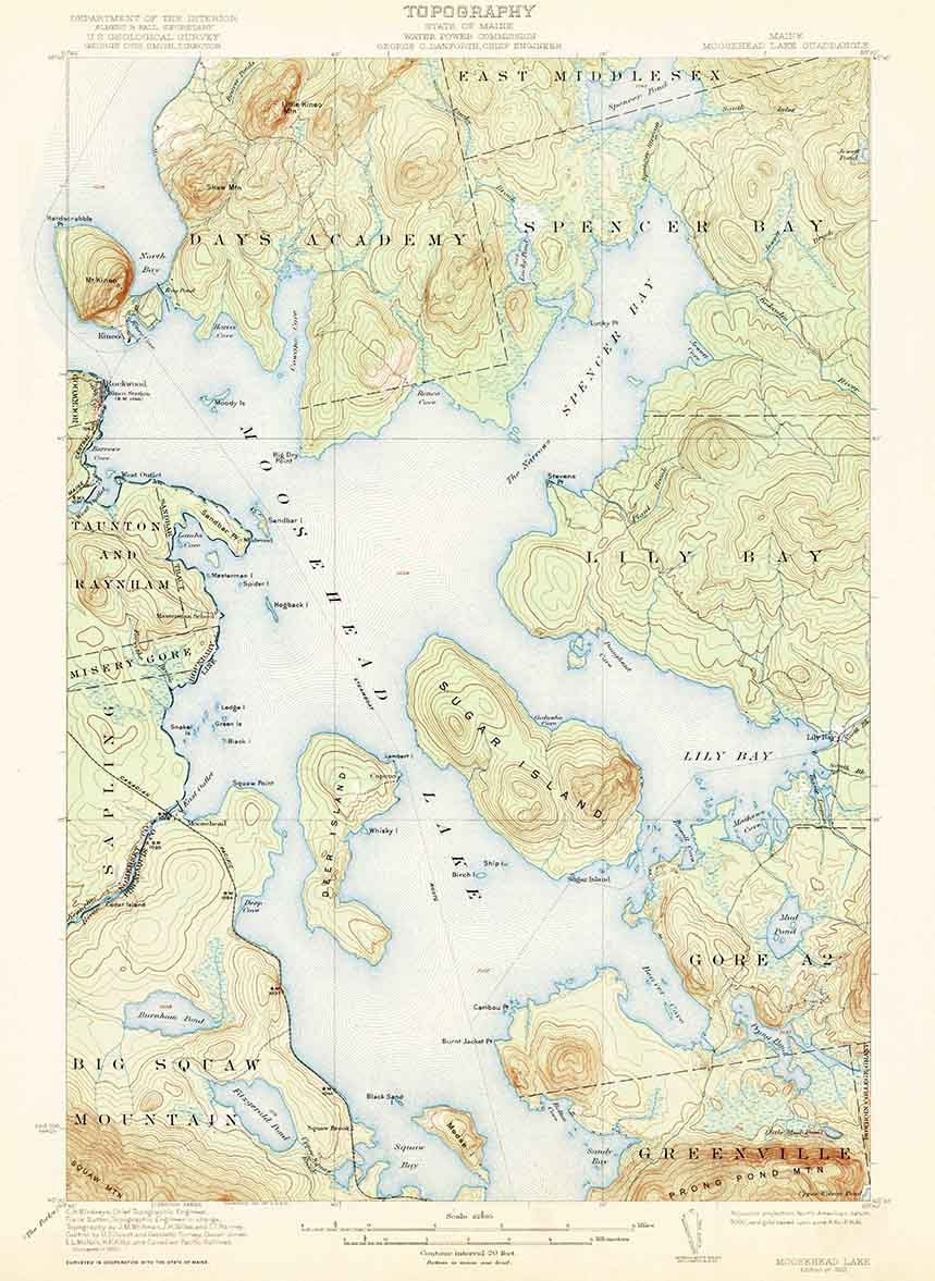 Maine Lake Survey Maps 1922 Topo Map Of Moosehead Lake Maine Sugar Island | Etsy Uk