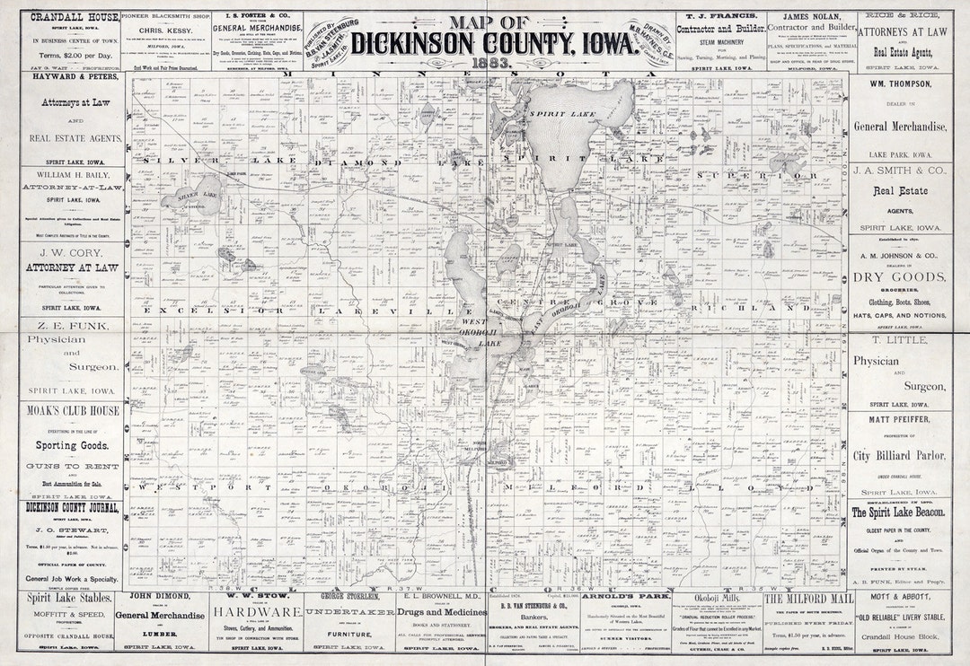 1883 Map of Dickinson County Iowa - Etsy