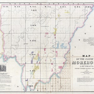 Carte 1860 du comté de Morehouse en Louisiane Plantersville Bastrop