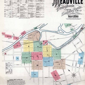 1896 Plan de la ville de Meadville, comté de Crawford, Pennsylvanie