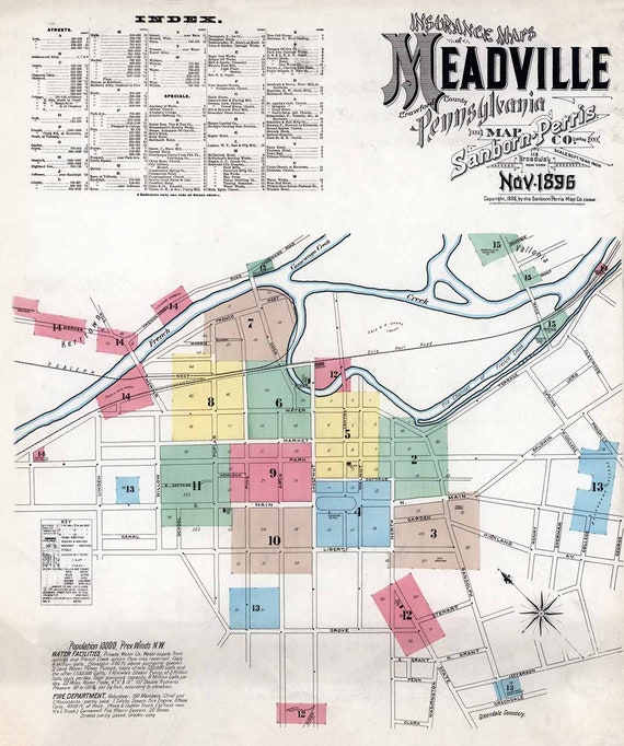 1896 Town Map of Meadville Crawford County Pennsylvania Etsy