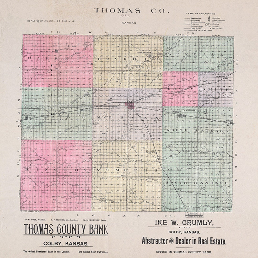1883 Map of Thomas County Kansas Etsy