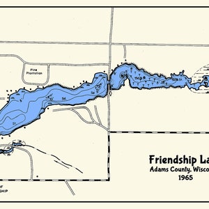 May include: A black and white map of Friendship Lake in Adams County, Wisconsin. The map shows the lake's depth with blue lines and numbers. The map is dated 1965.