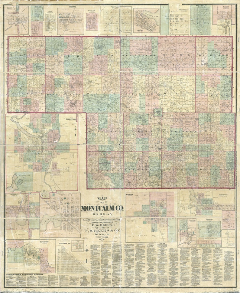1875 Farm Line Map of Montcalm County Michigan Greenville Etsy