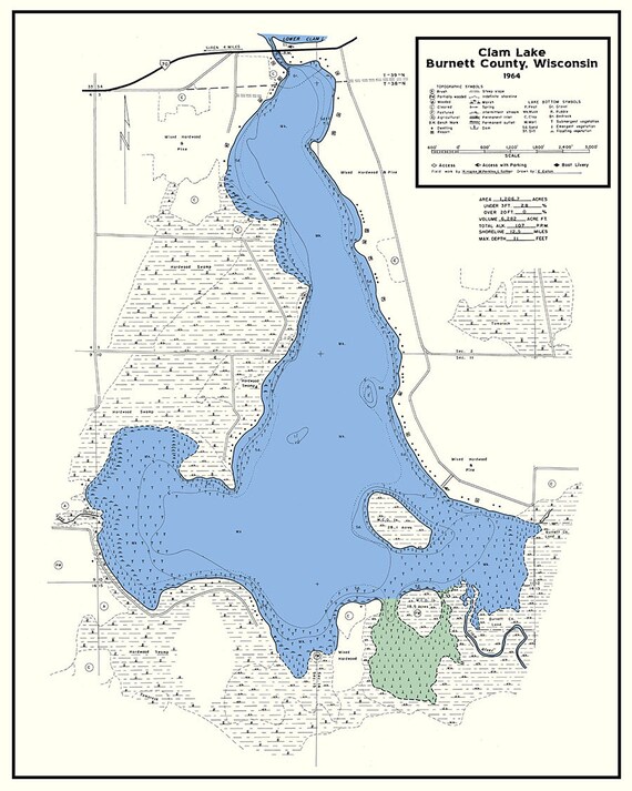 1964 Map of Clam Lake County Wisconsin Etsy