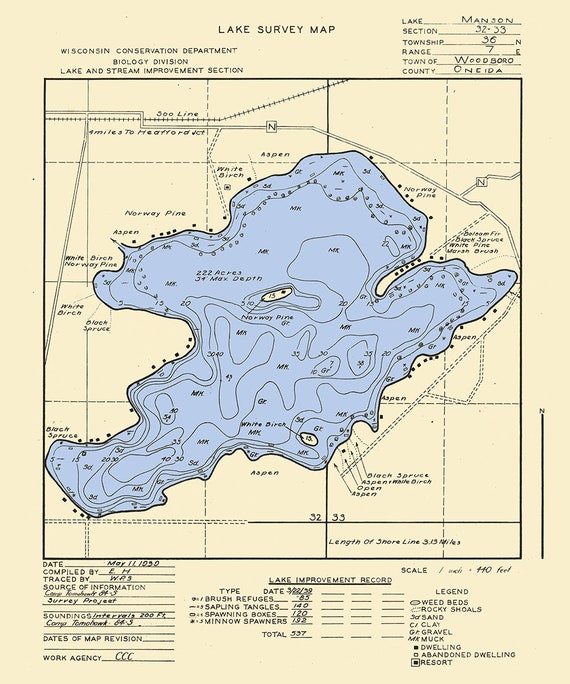 1939 Map of Manson Lake Oneida County Wisconsin Etsy