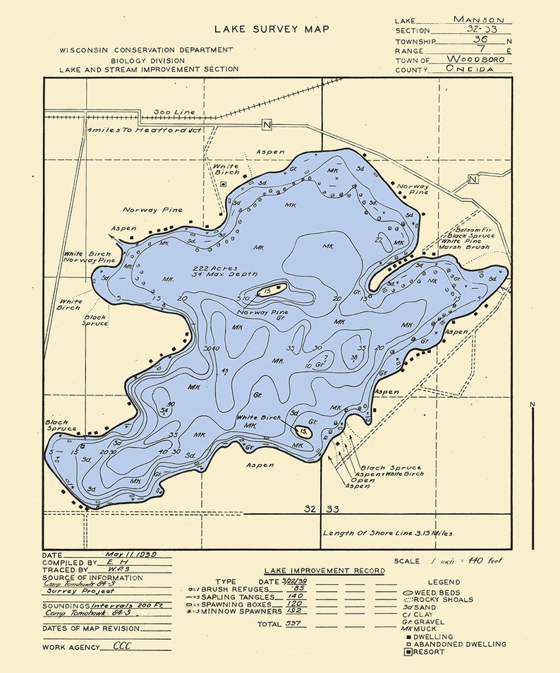 1939 Mapa de Manson Lake Oneida County Wisconsin Etsy México
